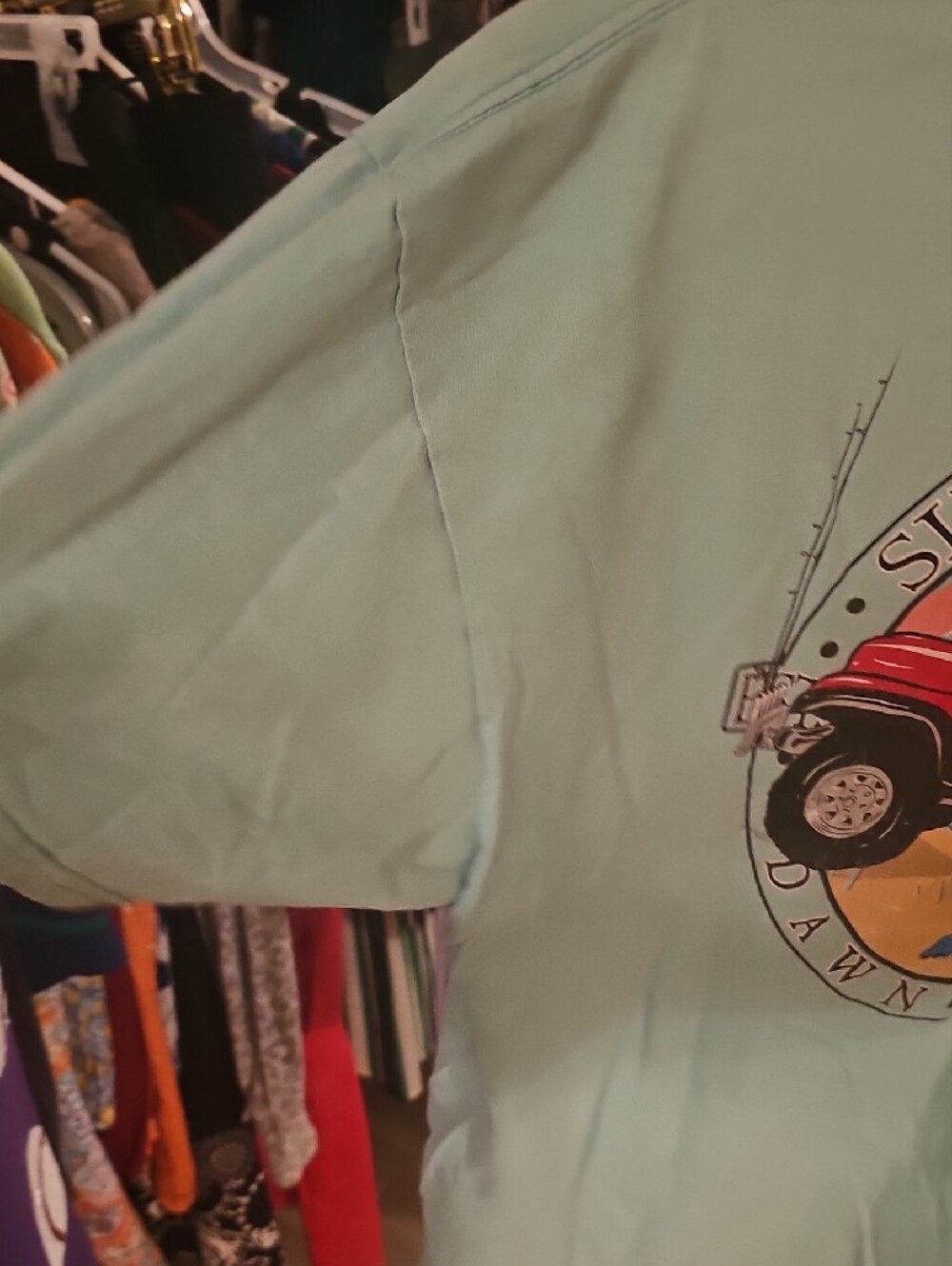 Simply Southern Men's Short-Sleeve Tee in Mint Blue  Callouts  A Couple Stains - Picture 5 of 7